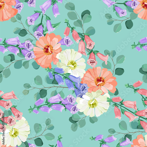 Seamless vector illustration with digitalis and chrysanthemum on a turquoise background. For decorating textiles, packaging