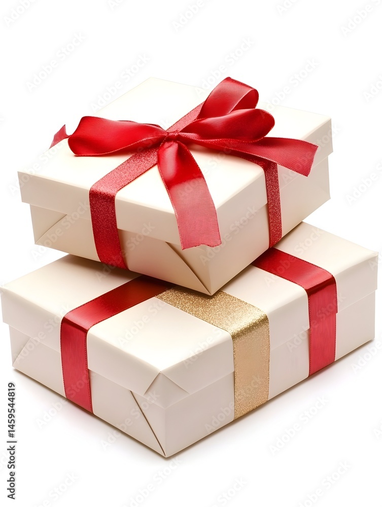 Fototapeta premium Two elegantly wrapped gifts, off-white boxes with red and gold ribbons