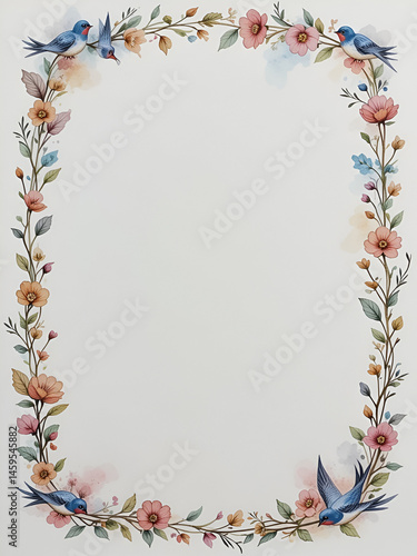 Seamless rim with watercolor swift flying swallow in sky on white background. Hand-drawn spring and summer bird for card or wedding celebration invite. Border for sketchbook. Wallpaper or wrapping