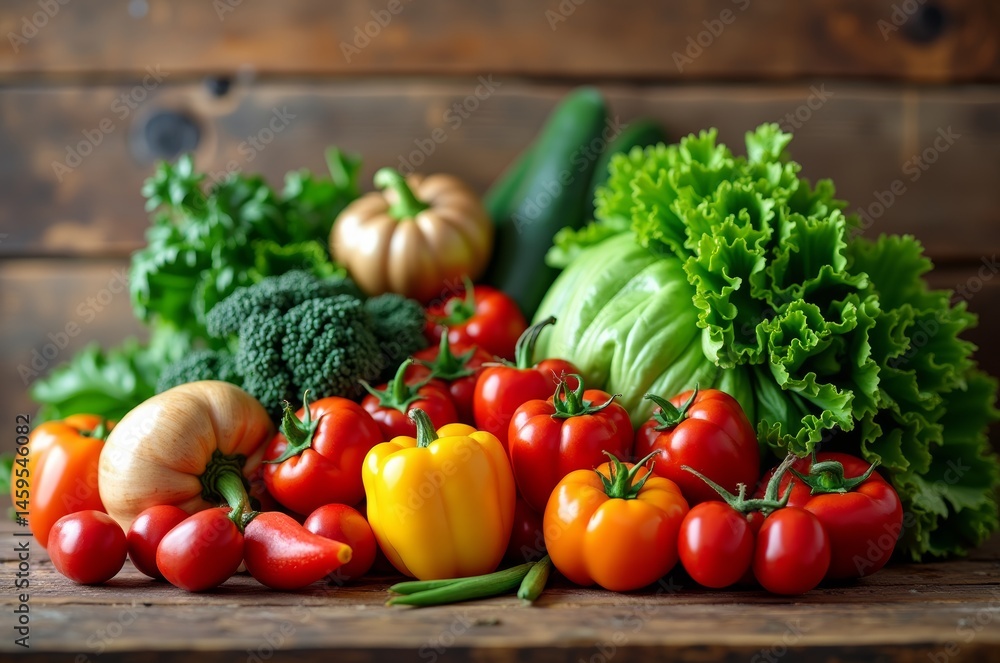 A vibrant array of fresh vegetables on a rustic wooden surface A vibrant array of fresh vegetables on a rustic wooden surface