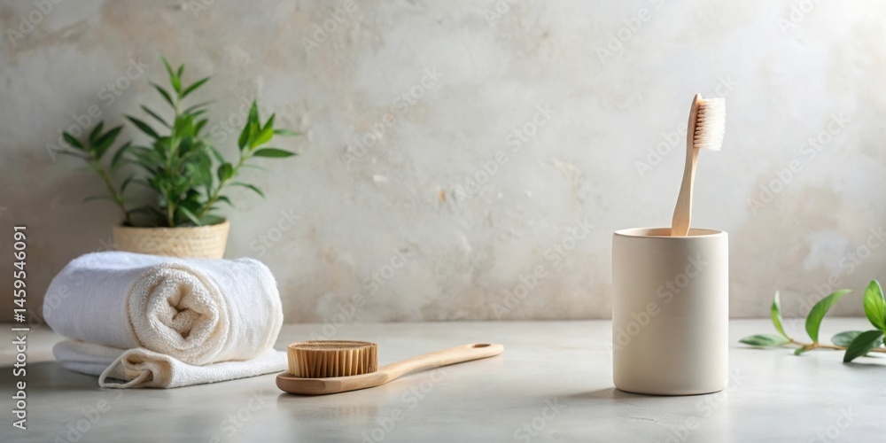 Serene Bathroom Essentials Natural Bamboo Toothbrush in Holder, Soft Towels, and Wooden Body Brush on a Light Countertop Serene Bathroom Essentials Natural Bamboo Toothbrush in Holder, Soft Towels, and Wooden Body Brush on a Light Countertop