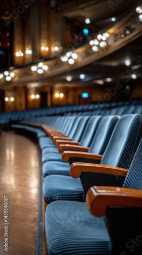 Empty theater auditorium with blue velvet seating and golden accents creates an elegant setting for performances