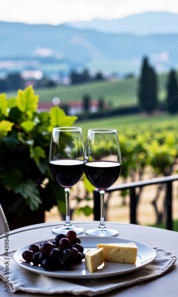 Wine Glasses Cheese Grapes Balcony Overlooking Vineyards Wine Tasting