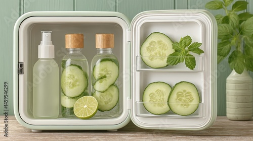 Refreshing spa setup with cucumber water, mint, and mini fridge for skincare