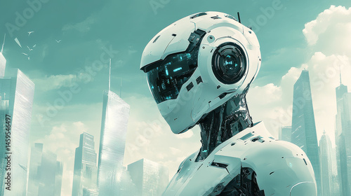 Futuristic Robot in Teal Cityscape Digital Art
