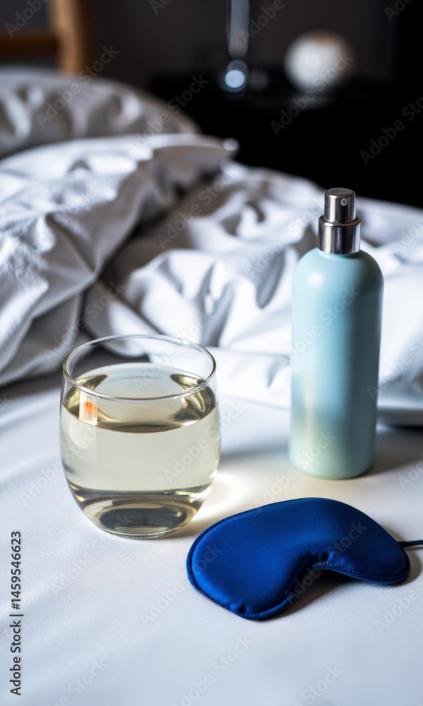 Glass of Water Bedside Sleep Mask Pillow Spray Bedtime Rituals