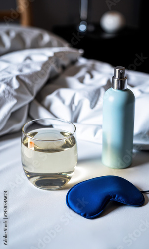 Obraz na płótnie Glass of Water Bedside Sleep Mask Pillow Spray Bedtime Rituals w salonie