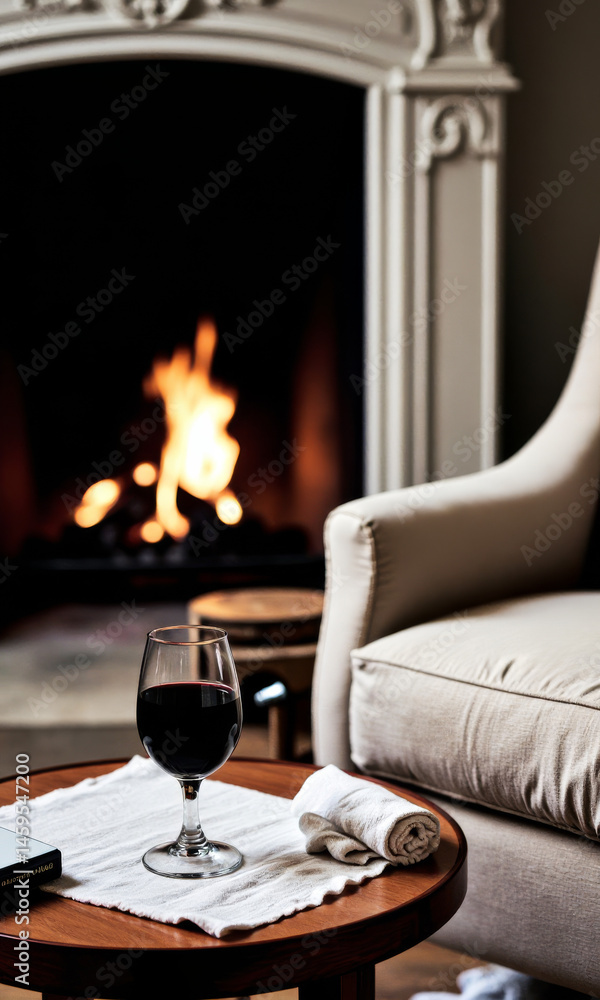 Red Wine by Fireplace Cozy Evening Romance Scene