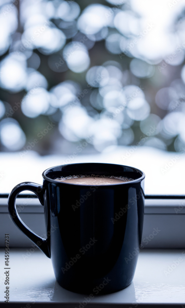Hot Chocolate on Windowsill Snowy Day Cozy At Home