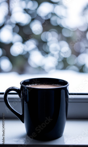 Hot Chocolate on Windowsill Snowy Day Cozy At Home