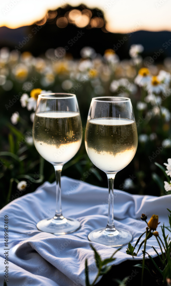 Two Wine Glasses Wildflower Field Golden Hour Picnic