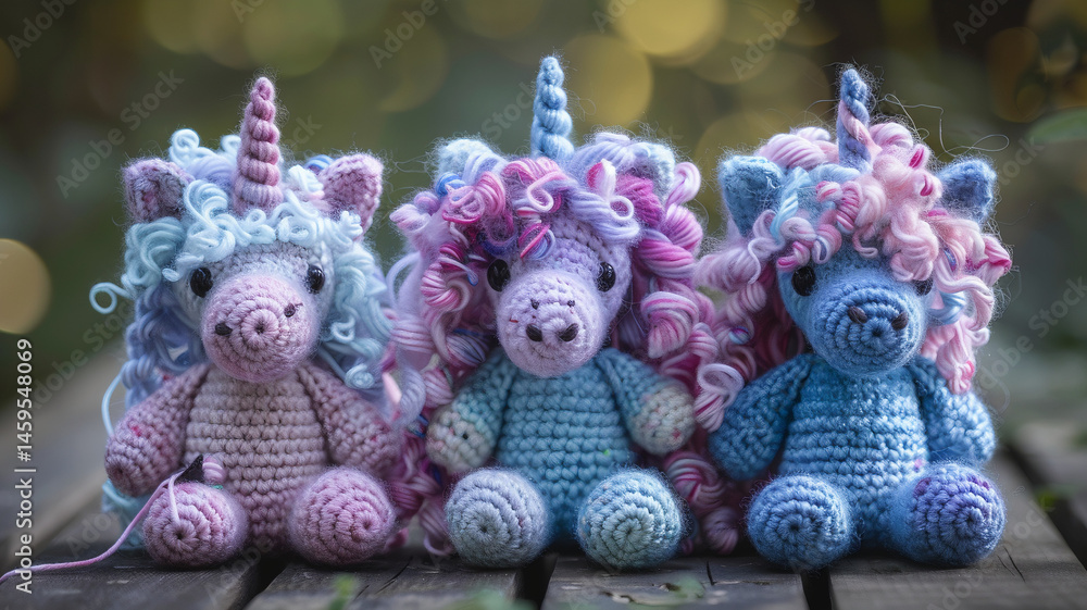 Fototapeta premium Adorable handmade yarn unicorn toy plushies for kids 