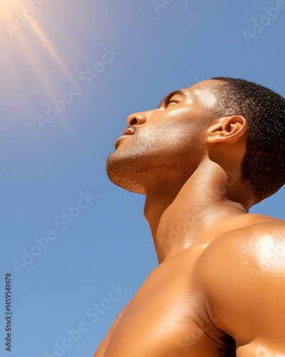A muscular man gazes upward into bright sunlight, his face and body gleaming with a healthy tan against a clear blue sky