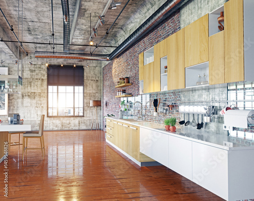 Modern kitchen with white island and brick