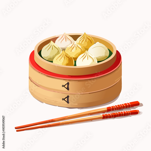 Steamed Dumplings in Bamboo Basket with Chopsticks – Traditional Asian Cuisine Vector Illustration

