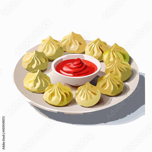 Steamed Dumplings with Red Dipping Sauce on Round Plate – Asian Street Food Vector Illustration

