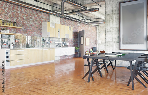 Industrial kitchen with exposed brick wall