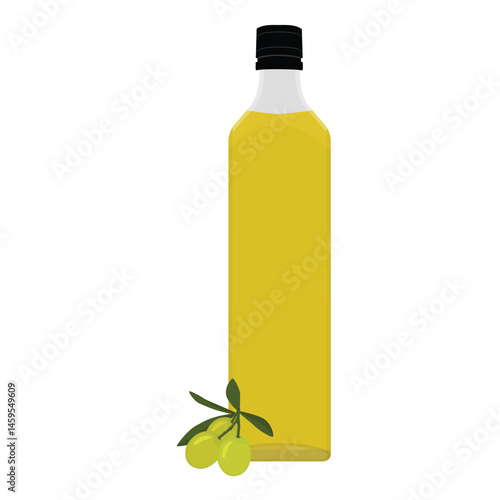 Bottle of fresh olive oil and olives with leaves on white background