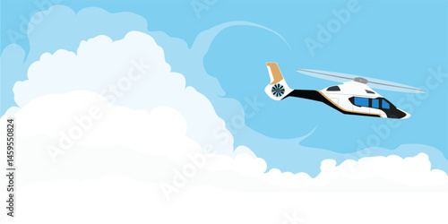 White, luxury, realistic helicopter flying in the blue sky with clouds
