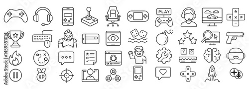 Line Art Icons Presenting Diverse Aspects of Digital Gaming and Virtual Entertainment Realms
