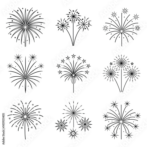 Set of fire works sketch drawing line art vector illustration on white background.