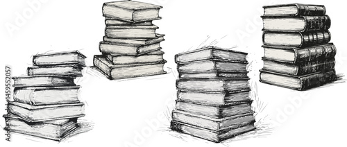 Vector Illustration of Four Stacks of Books in Hand-Drawn Black and White Sketch Style for Education, Literature, Learning, and Knowledge Concepts