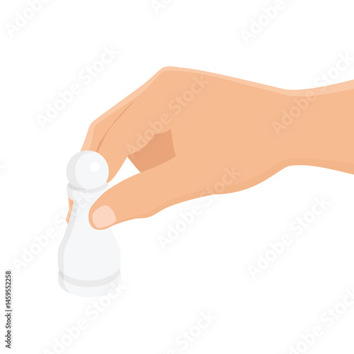 Making a chess move with a pawn. Hand hold chess piece isolated on white background