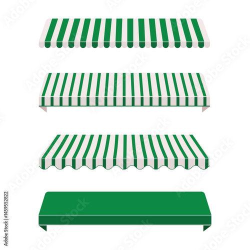 Vector illustration collection of striped white and green shop canopy, store window awnings