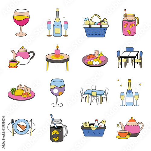 Set of lunch or dinner elements Fruit Bowl,Wine Glass,teapot,Toasted Bread,fruits, Wedding Cake, Sushi Roll, Coffee Cup, Pizza Slice, Table Setting drawing vector illustration on white background.