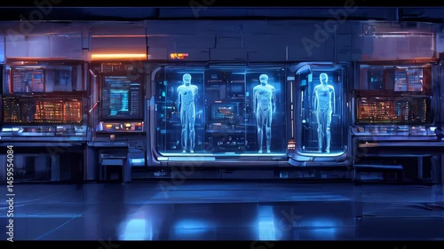 video of human cloning with male and female figures developing in glass chambers inside a lab. Concept of astronaut hibernation for extended space missions - sci-fi tech illustration 