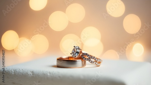 Designer wedding rings on a with bokeh background