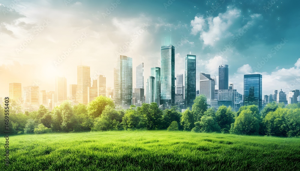 Lush urban landscape of modern buildings and trees. Lush urban landscape of modern buildings and trees.