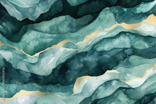 Wallpaper Mural Abstract watercolor artwork featuring layered teal and dark teal hues with flowing, mountainous forms and gold accents Torontodigital.ca