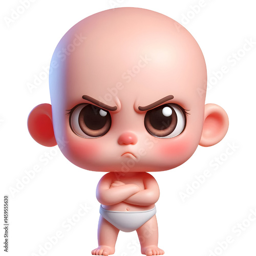 Cute 3d angry baby character isolated on white background