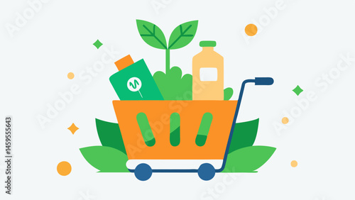 Shopping Cart A happy shopping cart overflowing with items in biodegradable packaging surrounded by leaves and a discount tag showcasing a sense of sustainable shopping.