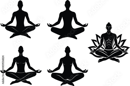 Set of sitting yoga silhouette vector illustration on white background.