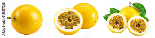Whole and halved yellow passion fruit with fresh leaves on a transparent background