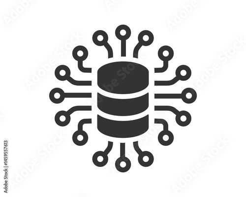 Conceptual graphic of a database server connected via a chip circuit. Symbolizes data, technology, and interconnected systems. Ideal for IT, networking, or cloud concepts.