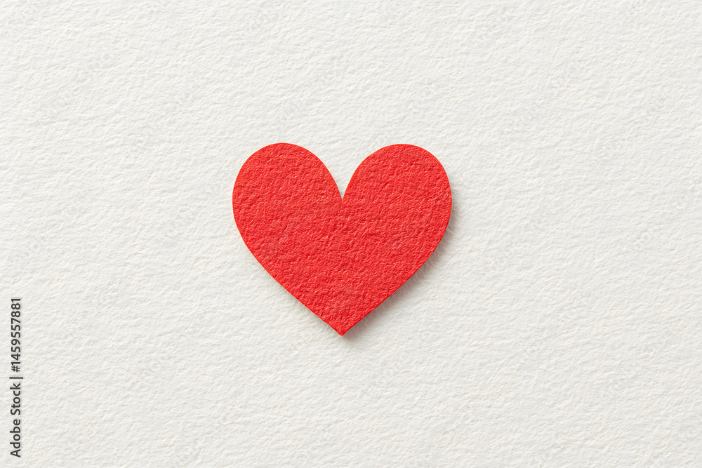 Obraz premium Red Heart: A single, vibrant red heart, cut from paper, is the focus of this minimalist image. The heart, a timeless symbol of love and passion, is isolated on a textured background. 