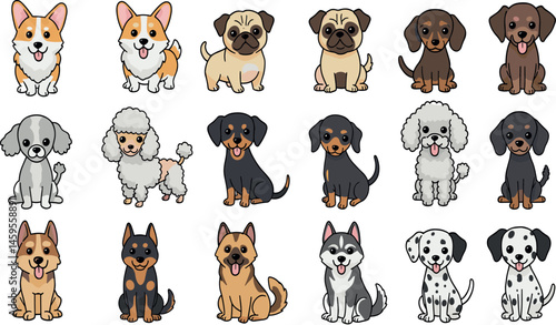 Cute dog breeds. Cartoon puppies and doggy pet. Funny friendly animals characters. Happy corgi, doberman, dalmatian, pug, dachshund. Flat puppy 