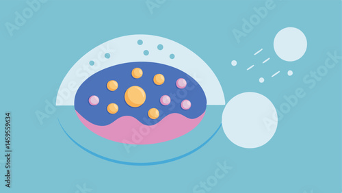 Hyaluronic Acid Boost A representation of the device enhancing exosome delivery with the addition of hyaluronic acid depicted as bubbles surrounding the exosomes entering the skin.