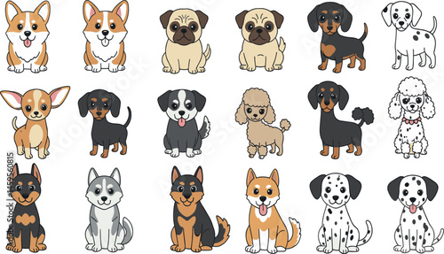 Cute dog breeds. Cartoon puppies and doggy pet. Funny friendly animals characters. Happy corgi, doberman, dalmatian, pug, dachshund. Flat puppy 