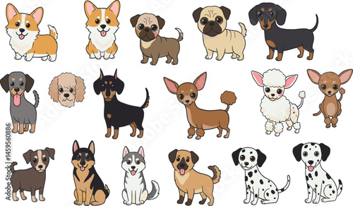 Cute dog breeds. Cartoon puppies and doggy pet. Funny friendly animals characters. Happy corgi, doberman, dalmatian, pug, dachshund. Flat puppy 