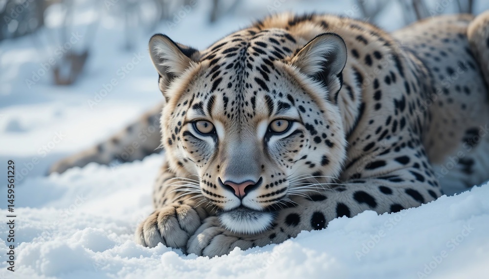 Obraz premium Majestic Amur Leopard Resting in Winter Snow Powerful Wild Cat Closeup
