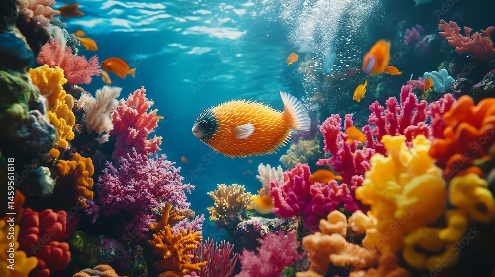 Obraz premium Pufferfish inflating defensively among colorful coral formation vivid reef life no human no labelling no logo