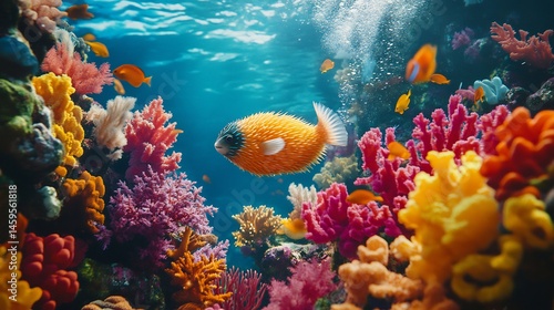 Wallpaper Mural Pufferfish inflating defensively among colorful coral formation vivid reef life no human no labelling no logo Torontodigital.ca