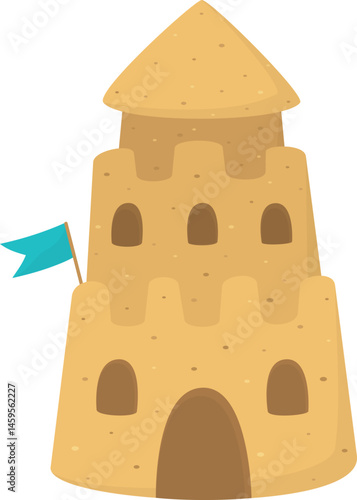 Sand castle with flag isolated on white background. Illustration with cute seaside tower 