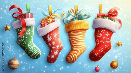 Festive Christmas stockings filled with gifts, adorned with ribbons and bows, hang against a backdrop of snowflakes and ornaments, creating a joyful holiday scene.