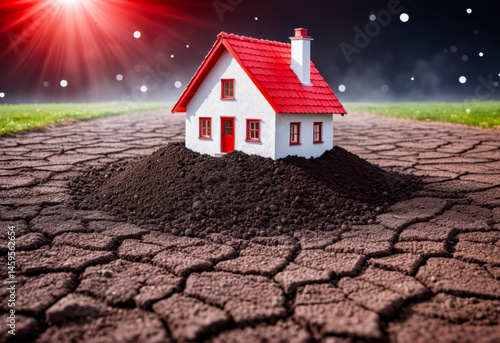 House on Dry Cracked Earth - Climate Change and Housing Crisis Concept