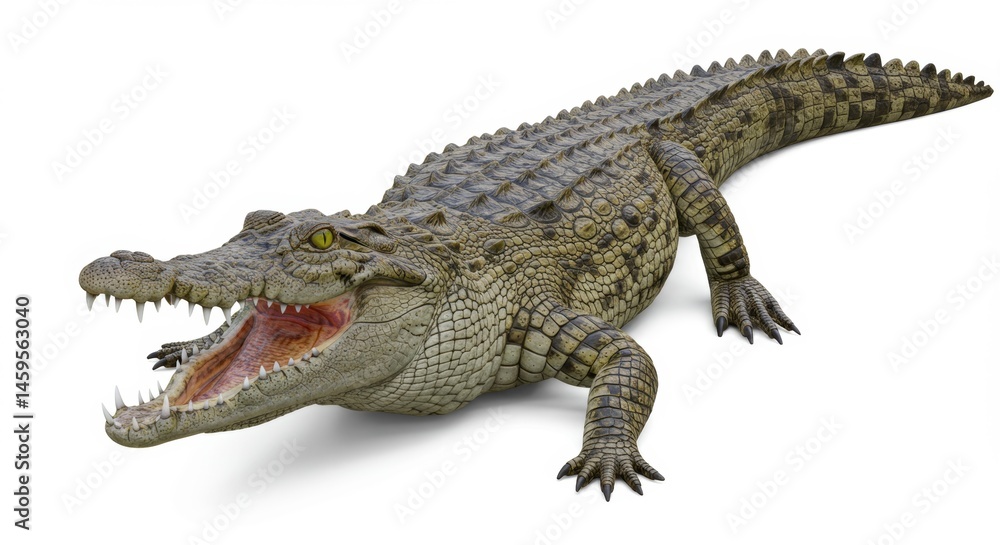 Naklejka premium A formidable crocodile with its powerful jaws wide open, showcasing its impressive teeth and scaly skin in a dynamic full body pose against a pristine white backdrop